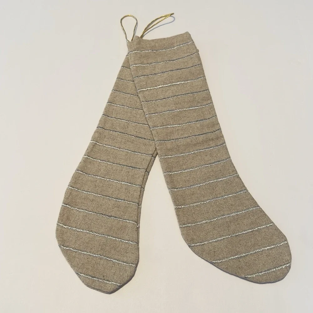 Set Of 2 Christmas‎ Stockings Tan Burlap? With Silver Embroidered Stripes